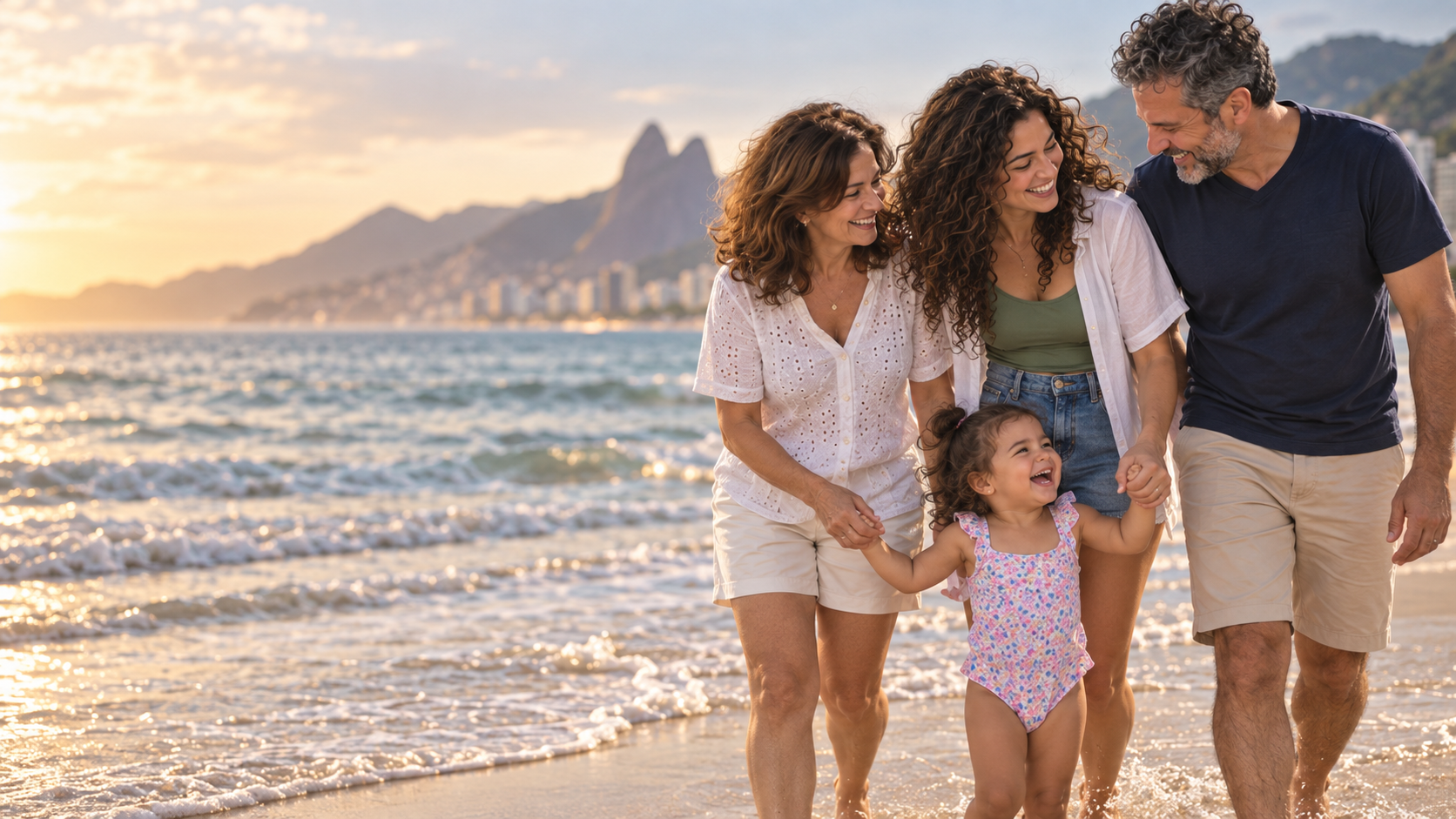 Três gerações de uma família caminhando juntas à beira-mar